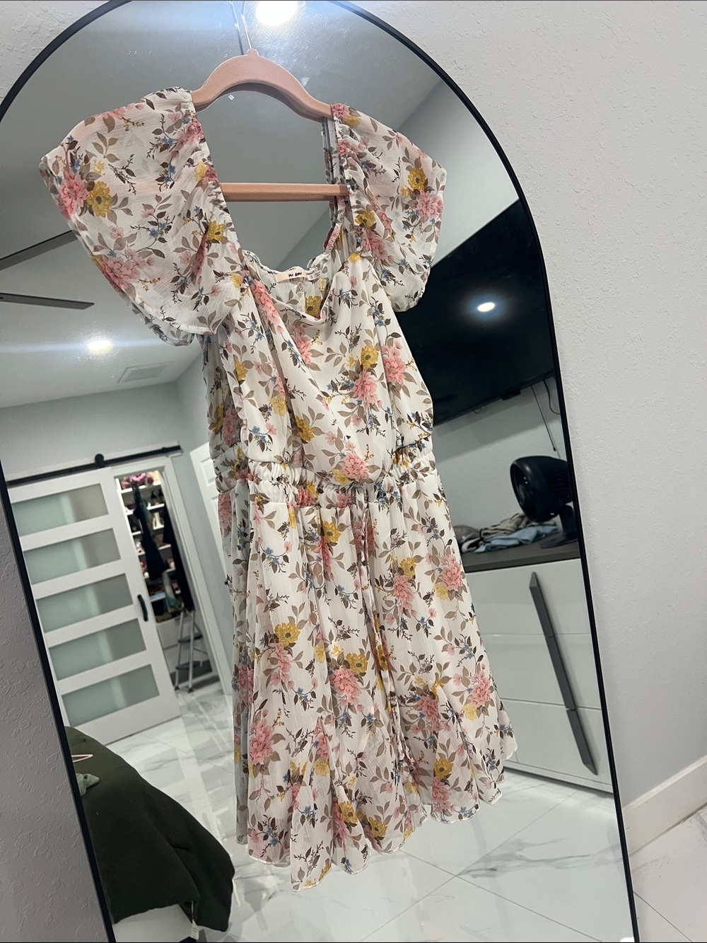 Francesca's Collections Cream Floral Mini Dress with Pink & Yellow Blooms
